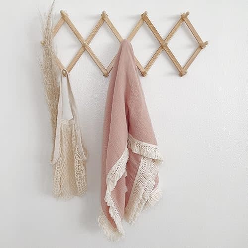 Muslin Cotton Baby Receiving Blanket with Fringe, Boho Bohemian Tassels, Nursery Decor, Boy or Girl Unisex Swaddle Wrap, Use as Throw or Nursing Fringed Blankets (Blush)