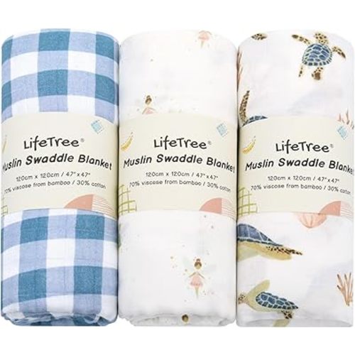 LifeTree 3 Packs Baby Swaddle Blankets, Newborn Muslin Swaddling Wrap Receiving Blanket for Boys & Girls, 70% Viscose from Bamboo and 30% Cotton, Large 47" x 47", Blue Sea Turtle