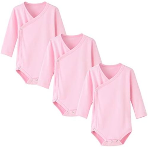 ACESTAR Baby Boy Girl Side Snap Bodysuits - 100% Cotton Plain Long Sleeve Baby Kimono for Newborn-12 Months, 3 Pack