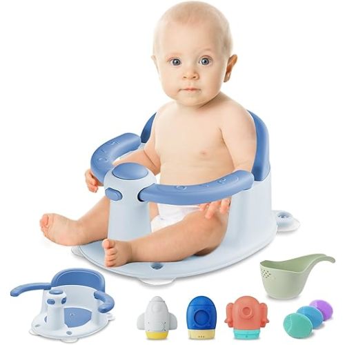 Baby Bath Seat for Babies 6 Months & up,3 Baby Bath Toys,Non-Slip Baby Bath Seat, Safe & Comfortable Baby Bath Support, Blue