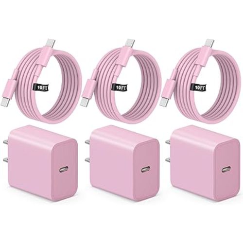 iPhone 17 16 15 Fast Charging 10FT Long USB C Charger Type C Charger 3 Pack Fast Charger USB C for iPhone 17/17 Plus/17 Pro/17 Pro Max/16/16 Plus/16 Pro/16 Pro Max/15/15 Pro Max,iPad Pro,Samsung(Pink)