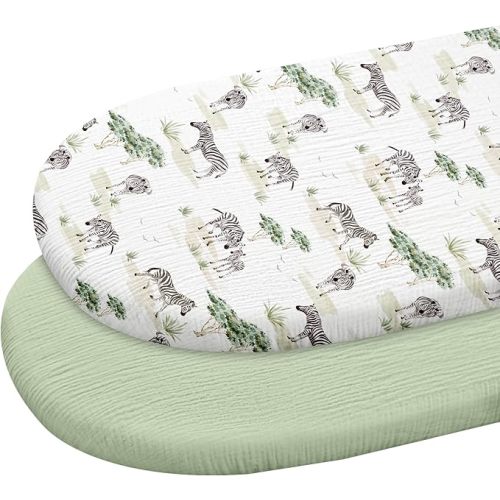Muslin Bassinet Fitted Sheets, 2 Pack for Baby Boy and Girl, Soft Breathable Baby Pad/Mattress Sheet, Fit for Hourglass Oval and Rectangle Bassinet Mattress (Cute Zebra)