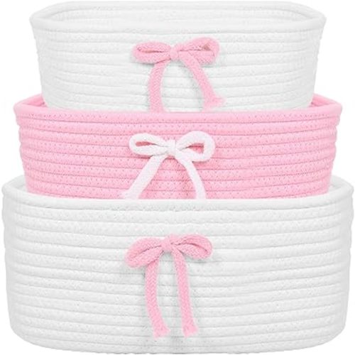 3Pcs Pink Bow Baskets , Coquette Woven Cotton Rope Storage Baskets with Handles, Cute Ribbon Decorative Laundry Hamper Bins for Nursery, Shelf, Makeup, Diaper, Baby Shower Nesting Organizer