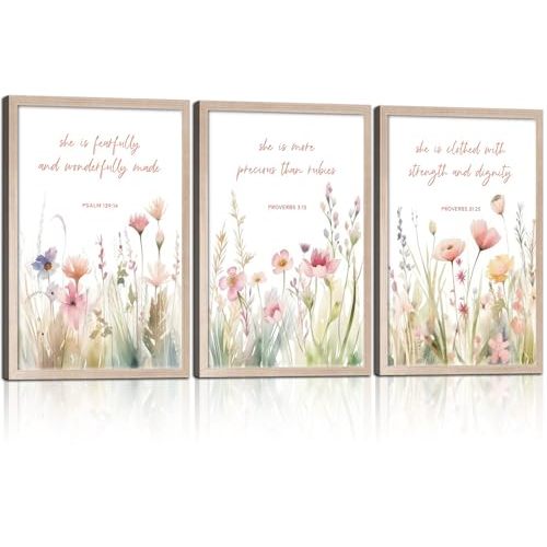 3Pcs Christian Floral Scripture Canvas Wall Art, Wildflower Bible Verse Posters Wall Decor, Psalm Religious Faith Art Pictures Prints for Living Room Bedroom Decorations 24x16in Framed