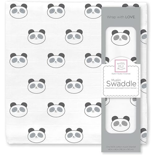 SwaddleDesigns Cotton Muslin Swaddle Blanket, Receiving Blanket for Boys & Girls, Best Shower Gift, 46x46 inches, Black Panda