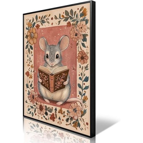 Nursery Animal Canvas Wall Art, Mouse Reading A Book Poster, Cozy Folk Art Prints, Kids Room Farmhouse Botanical Floral Painting, Library Reading Corner Wall Decor 8x12in Wrapped Canvas