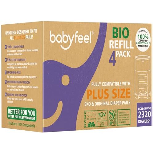 Babyfeel BIO Refills Compatible with DEKOR PLUS Diaper Pails | 100% Compostable | 4 Pack | 50% Extra Thickness | Compost Refill bags with Running Low Indicator | Powerful Odor Control | Fragrance-free