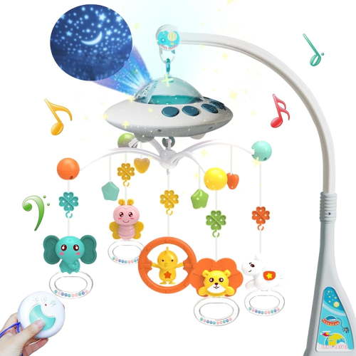 XUEYU Baby Mobile Toy with Music and Lights, Rotation, Moon and Star Projection, Remote Control, Blue