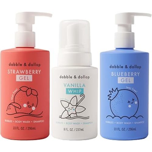 Dabble & Dollop USA Kids 3-in-1 Body Wash, Shampoo & Bubble Bath Variety Set – Strawberry, Blueberry & Vanilla, Tear-Free, Gentle, Hypoallergenic and Safe for Sensitive Skin (Pack of 3)