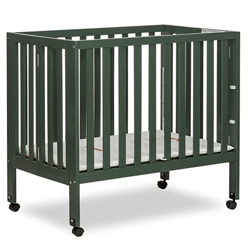Dream On Me Jett Mini Folding Baby Crib in Olive, GreenGuard Gold & BSA, Lightweight & Portable, Patented Flat Folding System for Small Spaces & Travel, 1.5” Mattress Pad, 3 Heights, Safe Wheels