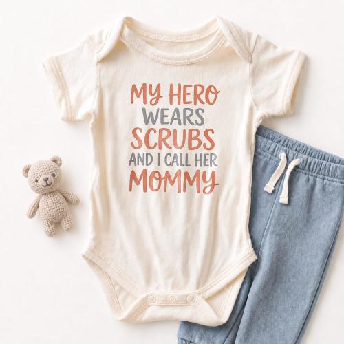 My Hero Wears Scrubs And I Call Her Mommy Baby Onesie - Cute Nurse Mom Bodysuit