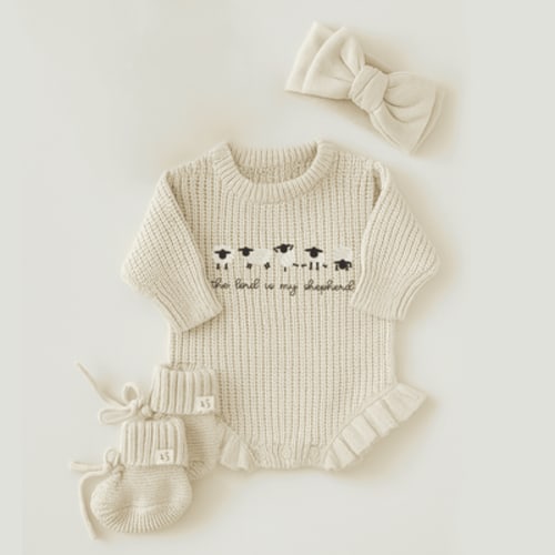 Embroidered 'The Lord is My Shepherd' Knit Baby Romper