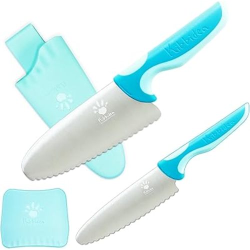 Kibbidea Kids Knife Set - 4 Pcs Kids Safe Cooking Knives, Round Tip, BPA-Free, Stainless Steel, Blue