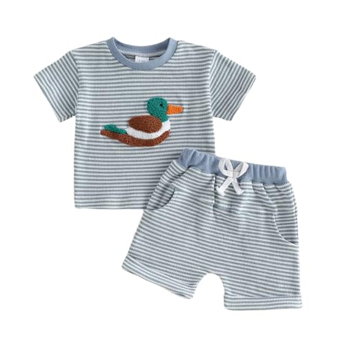 Douhoow Toddler Boy Summer Outfits Striped Duck Embroidered Baby Boy Tshirts Tops Shorts Waffle Festival Clothes