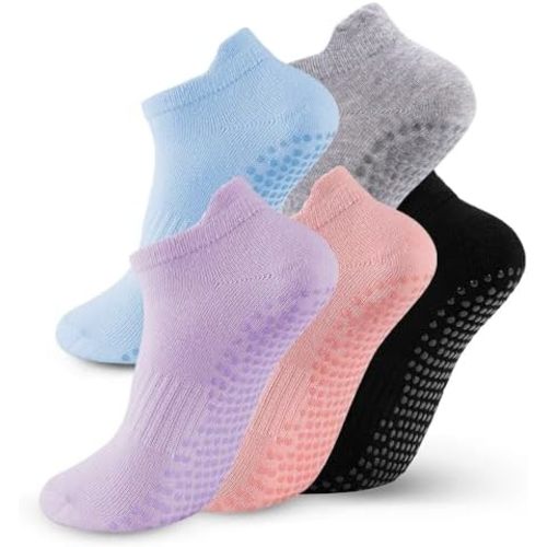 5 Pairs Pilates Socks with Grips for Women Non Slip Grip Yoga Crew Socks for Barre Hospital Barefoot
