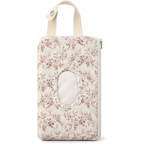 Quilted Diaper Wipe Pouch Hanging Floral Wet Wipes Bag Reusable Fabric Cover with Zipper & Lanyard for Car Daily Casual Travel Mommy Bag