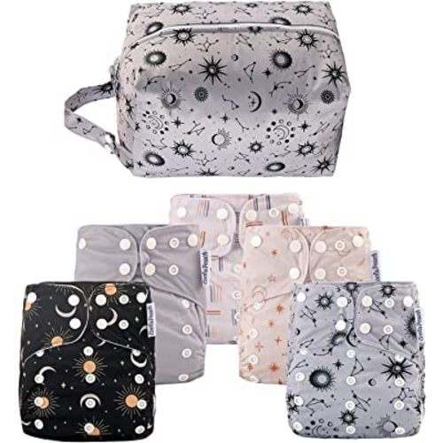 Baby Cloth Diapers Washable Reusable Diapers for Baby Boys, One Size Adjustable Pocket Nappy Covers 5 Pack+ 5pcs Microfiber Inserts+ One Waterproof Bag