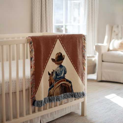 Customized Cowboy Woven Baby Blanket, Western Cowboy Boys Blanket, Horseback Baby Boy, Baby Boy Name Throw Blanket, Horse Baby Blanket Gift