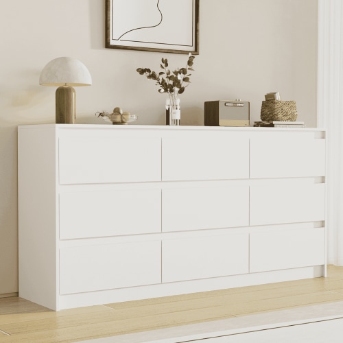 Slevoo 63" Modern 9-Drawer Dresser with Wooden Bins, White Dresser for Bedroom, Chest of Drawers for Adults