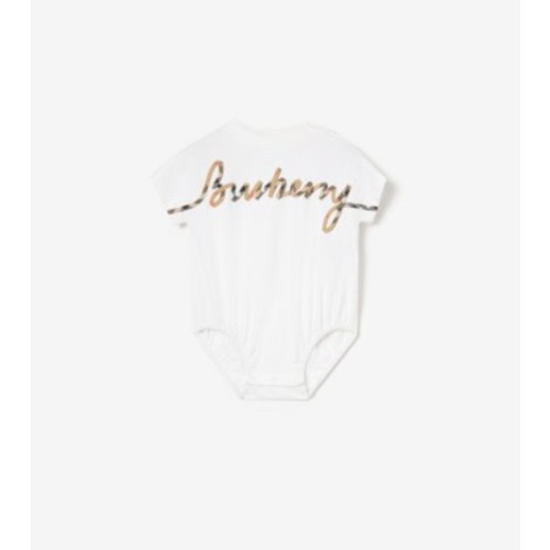 Check Cursive Logo Cotton Bodysuit in White - Children | Burberry® Official