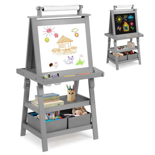 AILEEKISS 3 in 1 Kids Art Easel Double-Sided Magnetic Whiteboard Chalkboard with Paper Roller, Grey