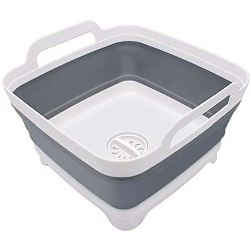2.4 Gal(9L) Collapsible Dish Basin with Drain Plug - Multiuse Foldable Wash Basin for Baby Bottles, Space-Saving Multiuse Dish Tub, Kitchen Sink for Camping, Dishes Washing, RV (Gray)