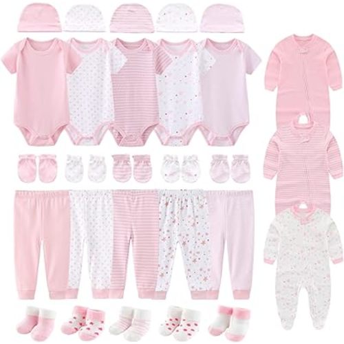 28 Pack Unisex Baby Layette Set Boy Girl Pants+Rompers+Short Sleeve Bodysuits+Hats+Gloves+Socks New Born Outfit