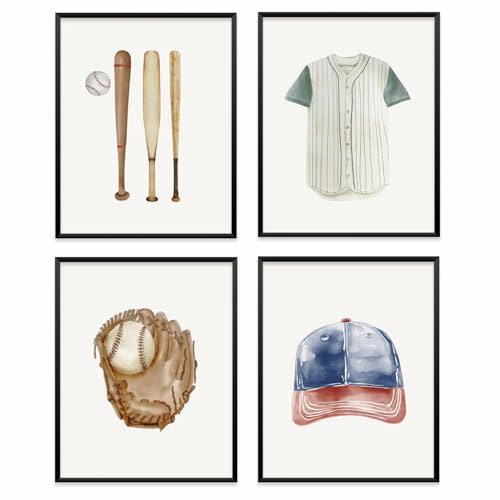 VONTP Vintage Sports Nursery Wall Art Decor, 8x10 Inch Set of 4 (Unframed) | Baseball Decor for Boys Room, Sports Nursery Prints Poster Wall Decor for Kids Boys Nursery Bedroom Playroom Sports Room