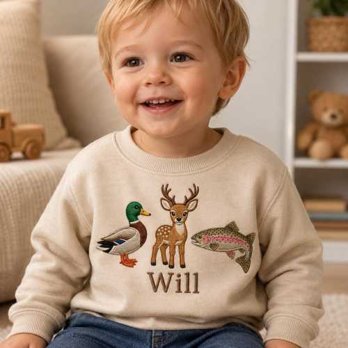 Personalized Mallard Deer Trout Toddler Sweatshirt, Embroidered Hunting Fishing Wildlife Crewneck for Boys