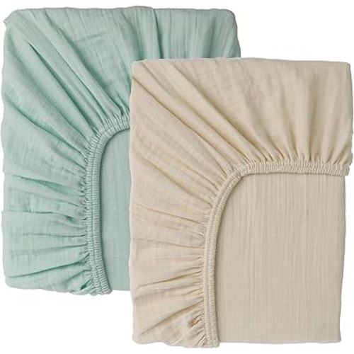 Muslin Baby Crib Sheets Fitted -Crib Sheets Neutral Turkish Cotton, Ultra Soft &Breathable -Organic Cotton Crib Sheets for Boys&Girls, GOTS&Oeko-TEX® Certified (52x28, Vanilla Ice Cream&Minty Green)