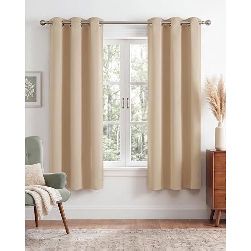NICETOWN Beige Room Darkening Curtains 63 Inches Long 2 Panels for Living Room, Bedroom, Nursery Summer Thermal Insulated Blackout Drapes Grommet Noise Reducing Window Curtains, W40