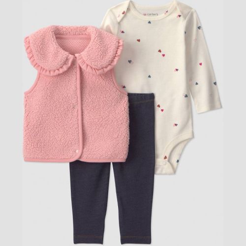 Carter's Just One You® Baby Girls' 3pc Long Sleeve Heart Printed Bodysuit, Pants and Vest Set - Pink 18M