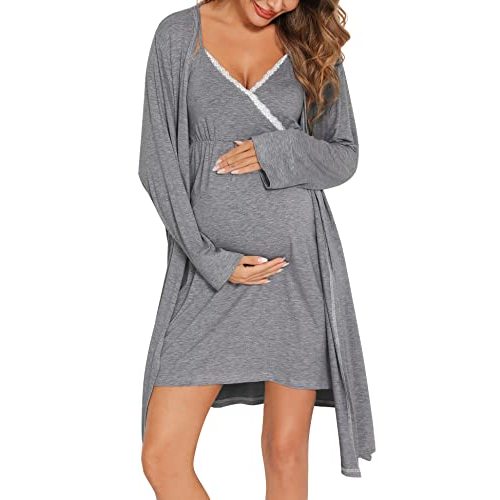 SWOMOG Womens Maternity Robe 2 Piece Nursing Nightgown for Breastfeeding 3 in 1 Labor Delivery Nursing Dress Lace Bathrobe