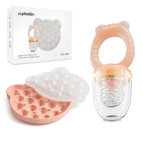 Silicone Baby Fruit Feeder with 21-Portion Baby Food Freezer Tray | Make 21 breastmilk popsicles, puree or fruit portions for fresh or frozen self-feeding and cooling teething comfort.