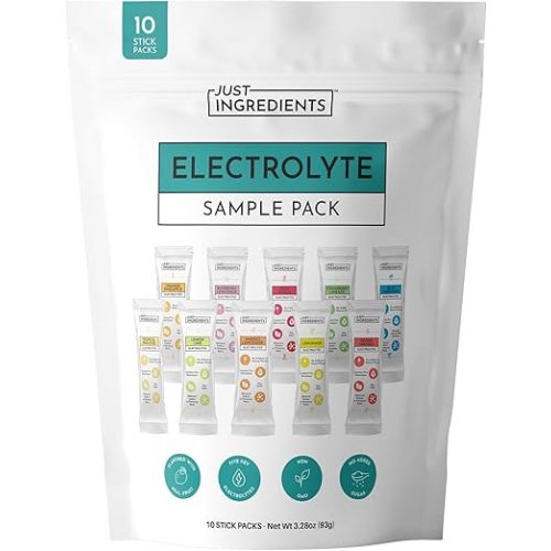 JUST INGREDIENTS Electrolyte Sample Pack – 10 Stick Variety | Hydration Powder Packets | Real Fruit Electrolytes | 3:1 Potassium to Sodium Ratio | No Sugar Added | Travel Drink Mix