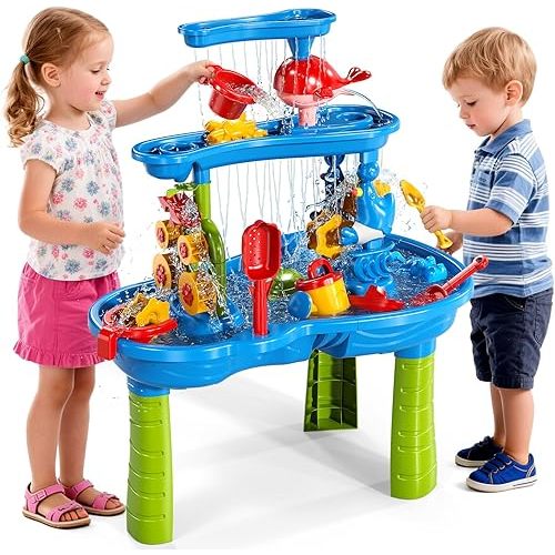 Sand Water Table for Toddlers Kids 2 3 4 5 6 Years Old, 3-Tier Sand and Water Table for Boys Girls, Splash and Play Activity Set with Rich Accessories for Outdoor Indoor Fun, Summer Beach Toy for Kids