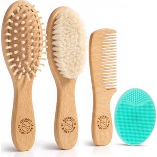 Wooden Baby Hair Brush with Soft Bristle and Comb Set