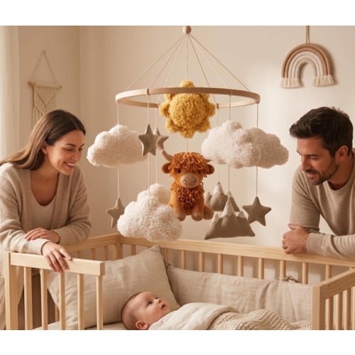 Crocheted Highland Cattle Baby Mobile, Boho Farm Nursery Decor, Highland Cow Baby Mobile Crochet, Handmade Neutral Nursery Decor