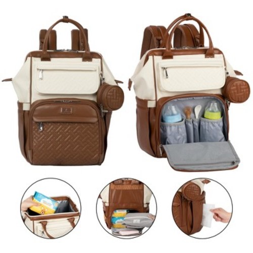 BabbleRoo Premium Vegan Leather Diaper Bag Backpack, Spacious & Stylish Nappy Organizer, Coffee Cream, 1 pc Pañaleras Para Bebe