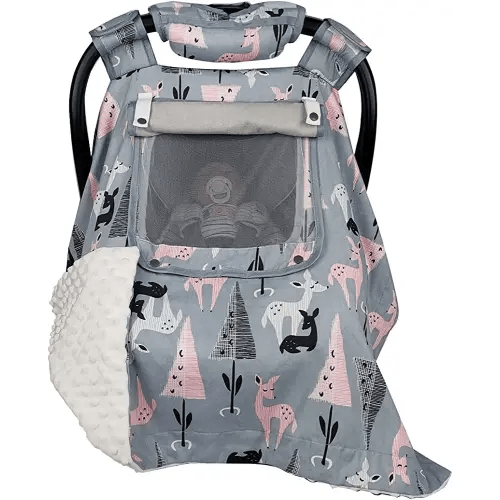 ICOPUCA Car Seat Covers for Babies Unisex Newborn, Carseat Cover Girls/boy with Handle Cushion, Suit Spring Autumn Winter, Deer, Cotton & White Minky;