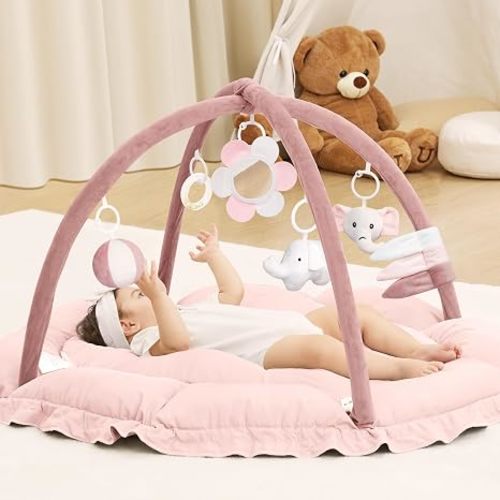 ANGELBLISS 5 in 1 Baby Play Gym Mat, Reversible Tummy Time Mat with 5 Sensory Toys for Stage-Based Developmental, Thick & Large Baby Activity Center from Newborn to Toddler (Pink)