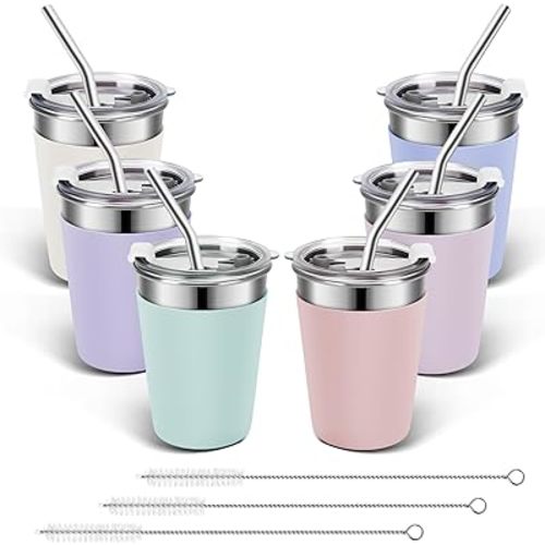 Ymmy Sam Kids Stainless Steel Cups with Lids & Straws, 12oz Metal Tumblers, Unbreakable Toddler Cups for Hot & Cold Drinks, Leakproof, 6Pack