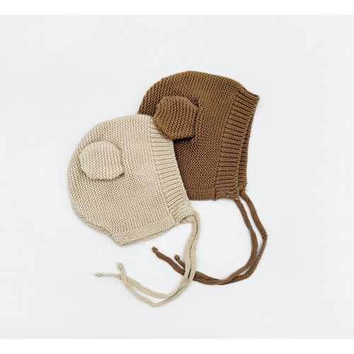 Bear Knit Bonnet | Baby Hat with Ears | Oatmeal or Brown | Newborn to 24 Months | Cotton Baby Bonnet
