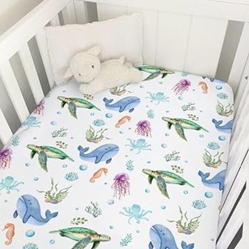 Cute Sea Animals Baby Crib Sheets 52''x28'' Ocean Turtle Whale Jellyfish Sea Horse Weeds Fitted Crib Mattress Cover for Boy Girl Nursery Bed Sheets for Standard Crib and Toddler Mattresses