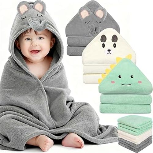 31x31 Inch Baby Hooded Towels 12Pcs Bath Towels Washcloth Set for Newborns, for Boys, with Cute Design, Shower Towel, for Infants and Toddlers, Gift