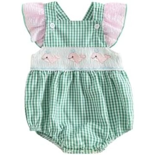 SAYOO Newborn Baby Girl Farm Clothes Chicken Embroidey Bubble Smocked Romper Plaid Bowknot Western Country Bodysuit Shirt