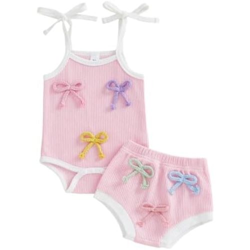 Newborn Baby Girl Clothes Cute Goose Outfit Infant Sleeveless Waffle Romper Tops Ruffle Shorts Summer Spring Set