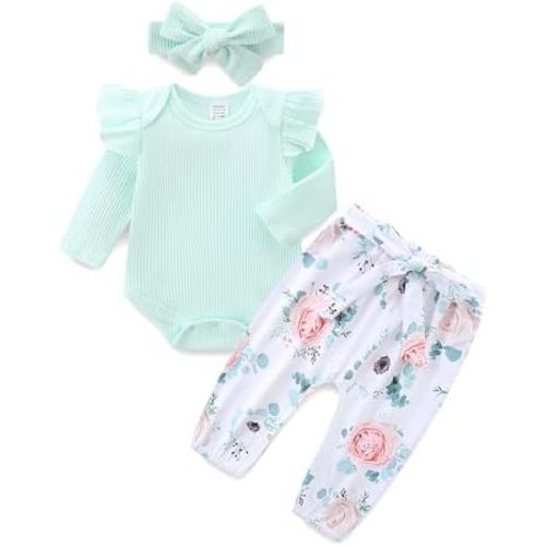 Infant Girl Clothes Long Sleeve Ruffle Bodysuit Floral Pants Bow Headband Sets Fall Winter Spring Outfits