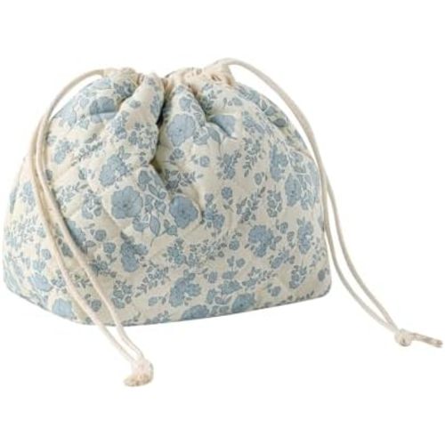 Cotton Quilted Drawstring Makeup Bag with Canvas Lining,Coquette Aesthetic Cute Travel Toiletry Bag,Drawstring Gift Bag for Women and Girls(02Light Blue Flower)