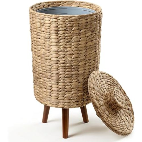 Tidita 3-Gallon Wicker Trash Can with Lid, Wooden Legs, Removable Liner
